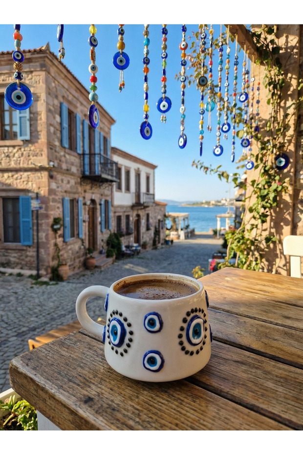 Handmade Mug – Embossed Hand-Embroidered Blue Evil Eye Bead Pattern 190ml. Coffee Cup Gift