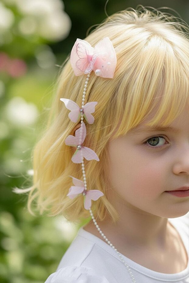 Pink Color Butterfly Figured Pearl Detailed Children's Side Buckle