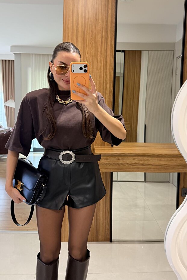 Fayme Siyah Deri Şort - 2