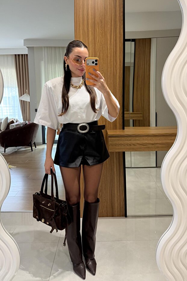 Fayme Siyah Deri Şort - 3