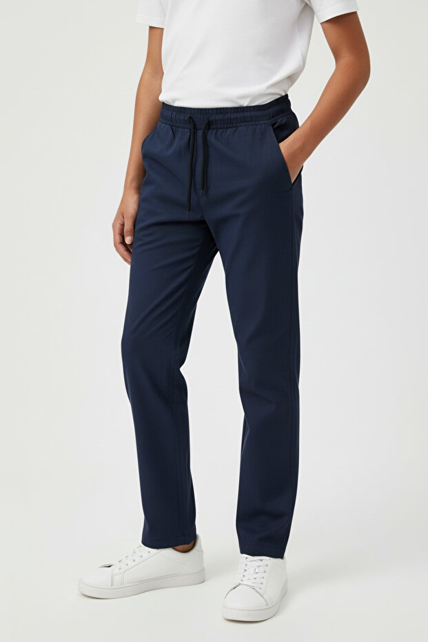 Boy's Navy Blue Linen-Look Cotton Elastic Waist Pants