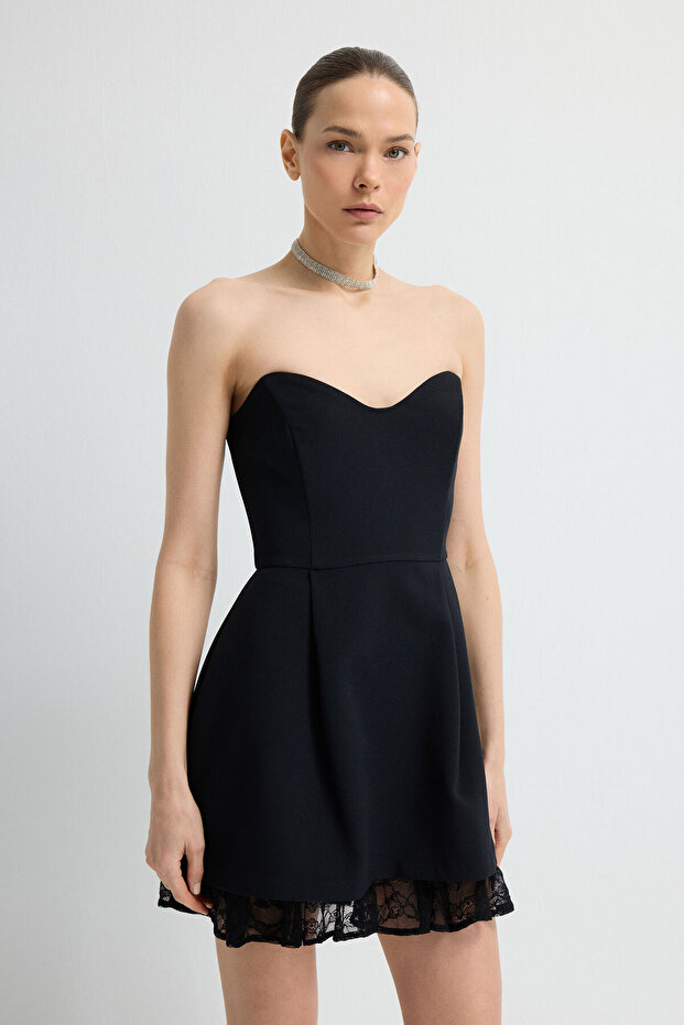 Etek Ucu Dantelli Mini Elbise - 2