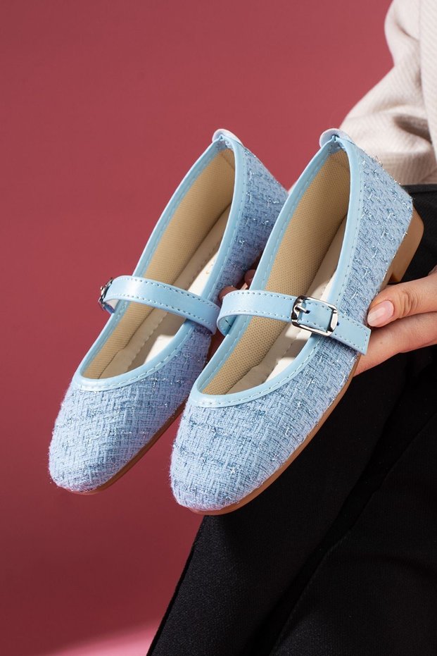Camelia Baby Blue Glitter Fabric Ballerinas with Nickel Buckle and Belt Band