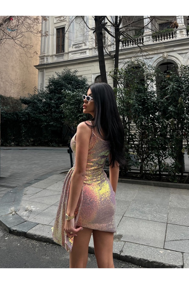 Premium Trend Yansımalı Pullu Mini Gece Elbisesi - 5