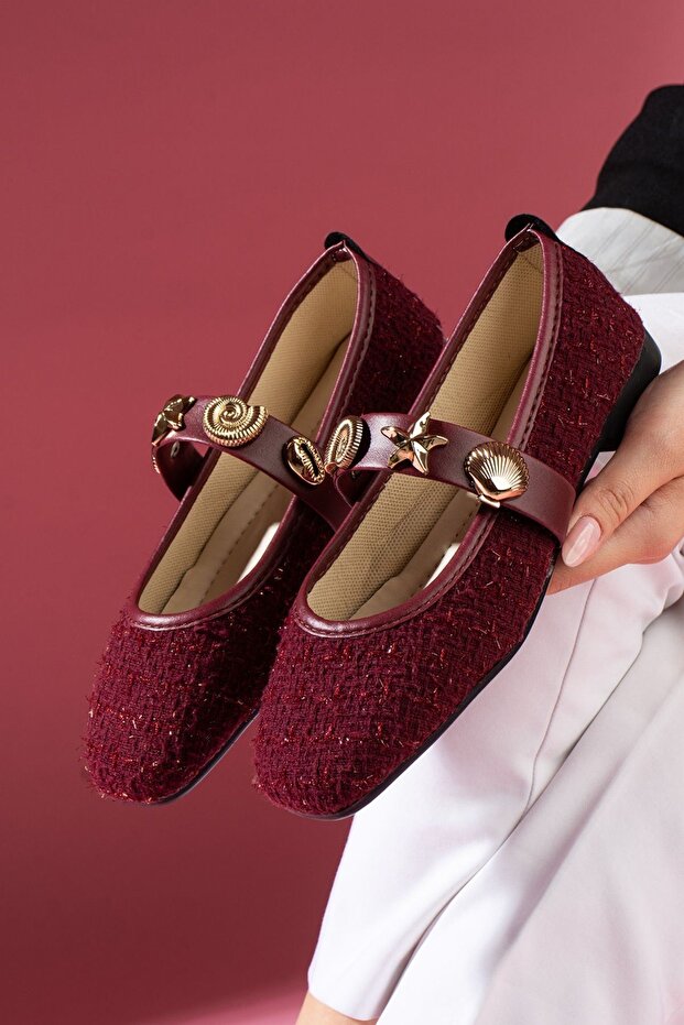 Veneta Burgundy Glitter Fabric Seashell Star Accessory Banded Ballerinas