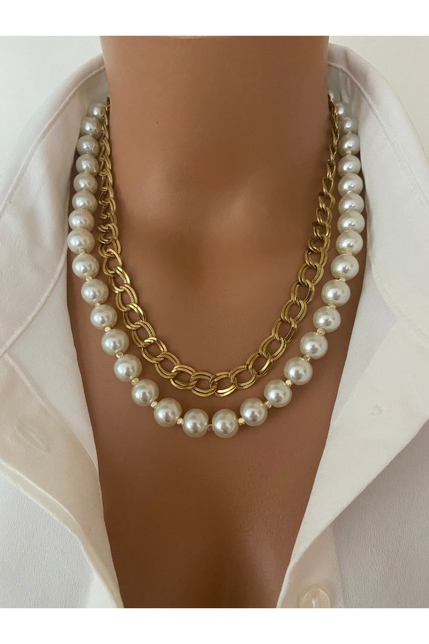 Set of Two Necklaces Pearl Off-White 10 mm Steel Chain Special Design Women's Necklace Hypoallergenic in Special Gift Box