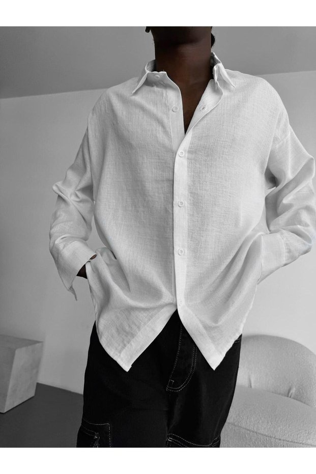 Men's Oversized Italian Collar Linen Shirt Comfortable Fit Long Sleeve New Season Cotton Loose Shirt