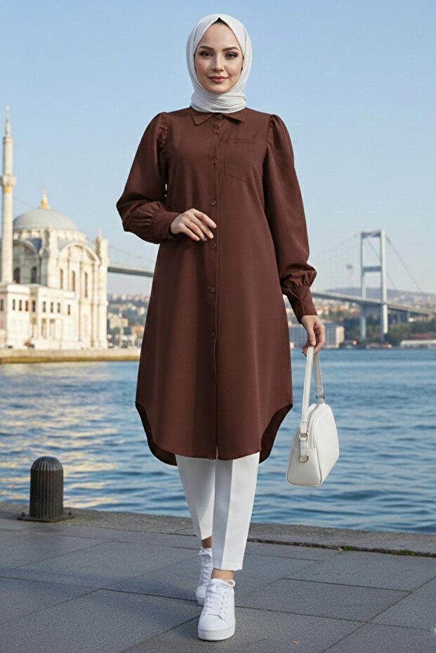 بلوزة تونيك بجيوب بالونية باللون البني HM2871
