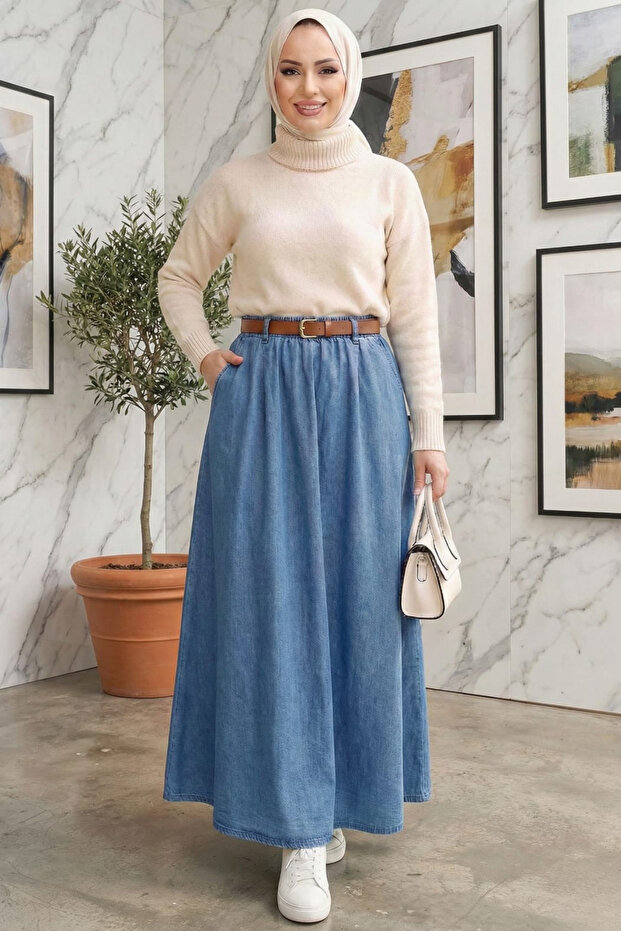 Women's Light Denim Blue Belted Skirt