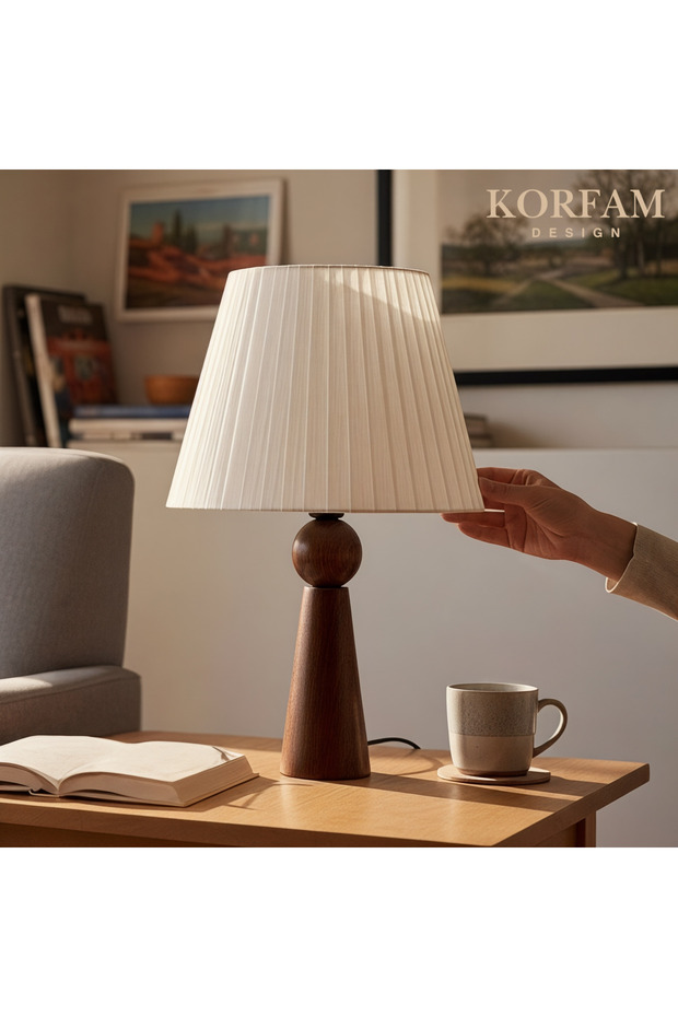 Wooden Lampshade with White Linen Fabric Headboard