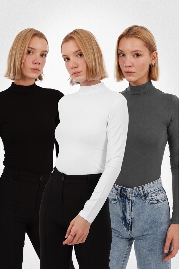 3-Piece Advantage Set Women's Long Sleeve Half Turtleneck Bodysuit