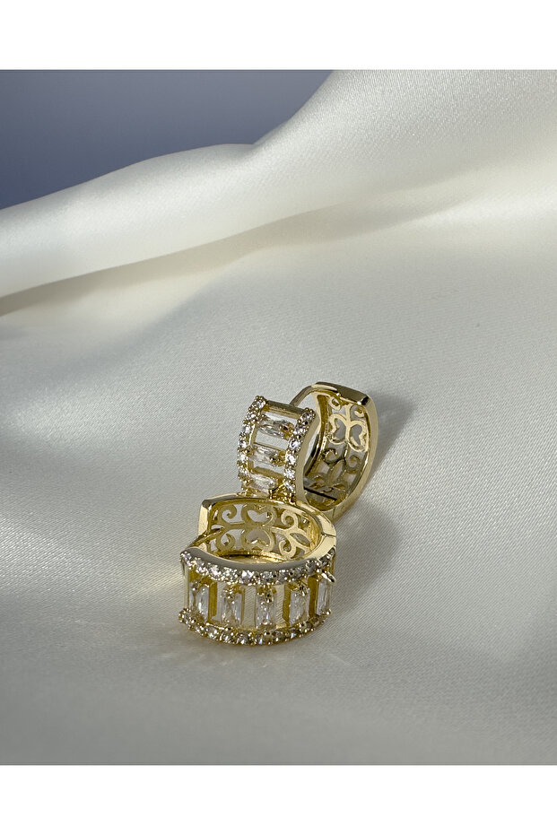 Baguette Row Stone and Side Patterned Hoop Earrings - Golden Baguette Huggie