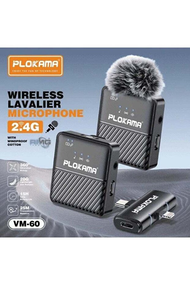 VM-60 Wireless Lavalier Microphone | 2.4G | 360° Omnidirectional | 25m Range | 15H Battery