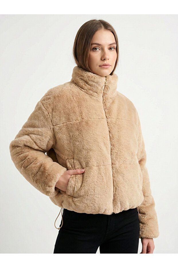 Women's Camel Fleto Quilted Plush Coat with Pockets Ayr225