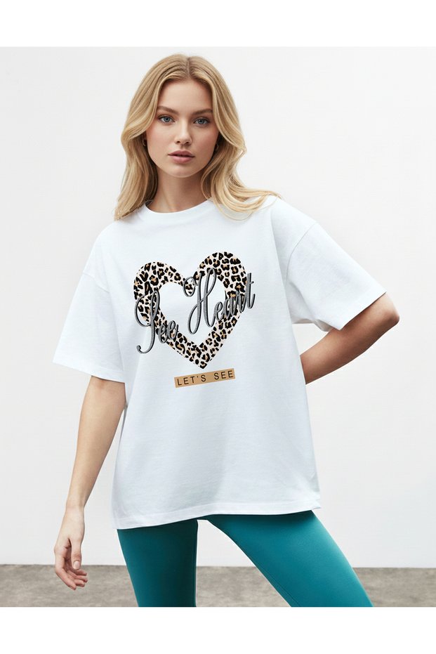 Women's Leopard Heart Printed Crew Neck White T-Shirt