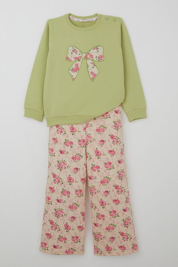 Girl's Tracksuit Set Bow Printed Pants Floral Pattern 1.5-5 Years Old, Pistachio Green