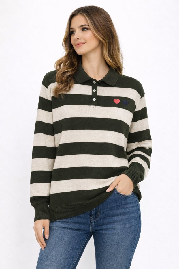 Standard Size Heart Pattern Striped Sweater
