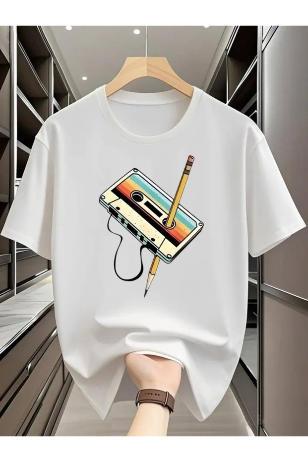 Colorful Cassette Printed Unisex Women'S/Men's Oversize Crew Neck T-Shirt