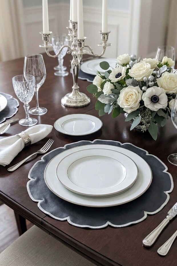 Petal Black Faux Leather Embroidered American Tablecloth 2 Pieces