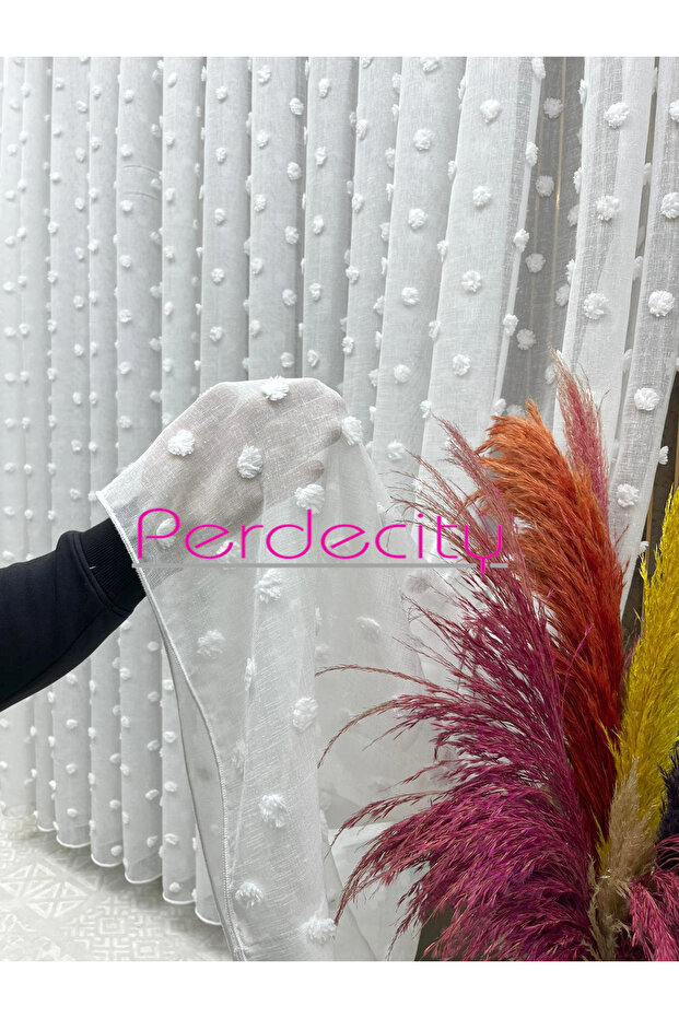 Bohemian Style Luxury Puffy Pompom Tulle Curtain 1X2.5 with Tight Pleats Suitable for Every Room Does Not Need Ironing. The Sample Fabric Is 30X28 in Size.