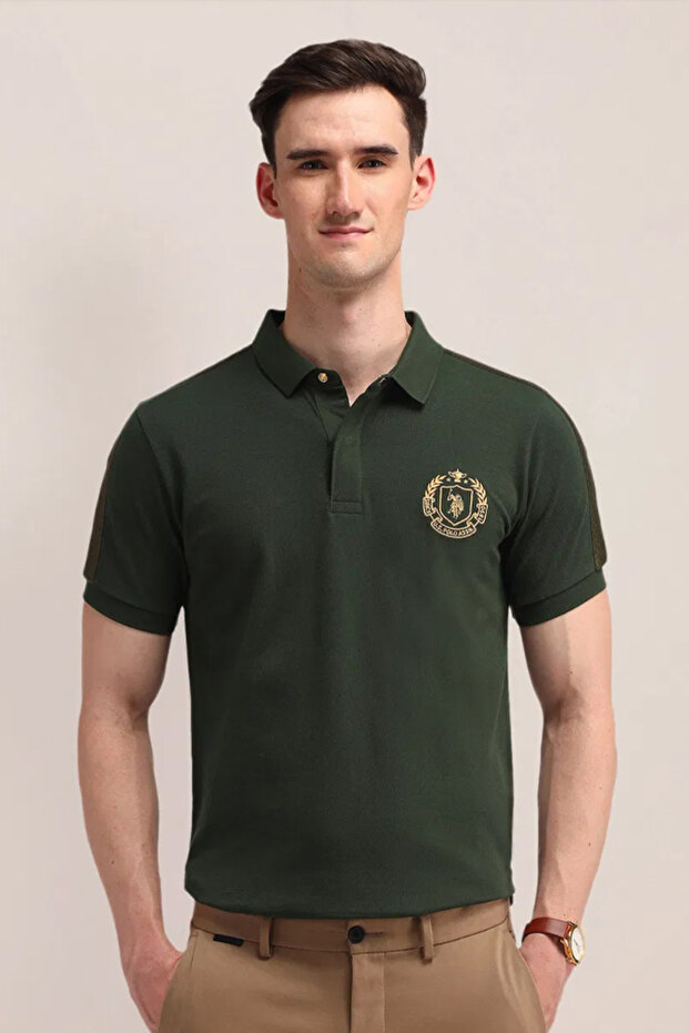 Mens Green Solid Slim Fit Cotton Polo Shirt