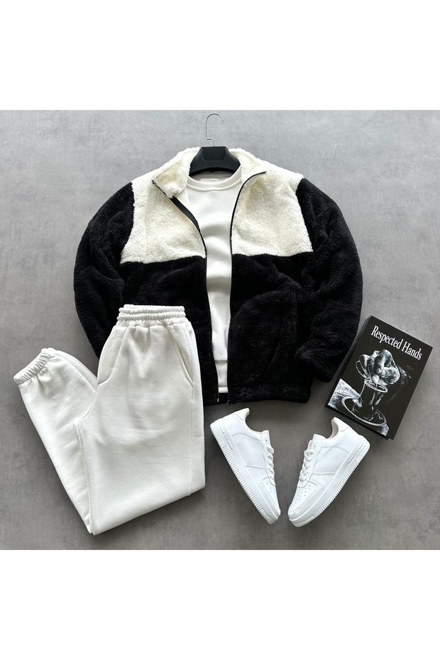 Men's Patchwork Plush Jacket & Three Thread Sweatpants Combination - 1