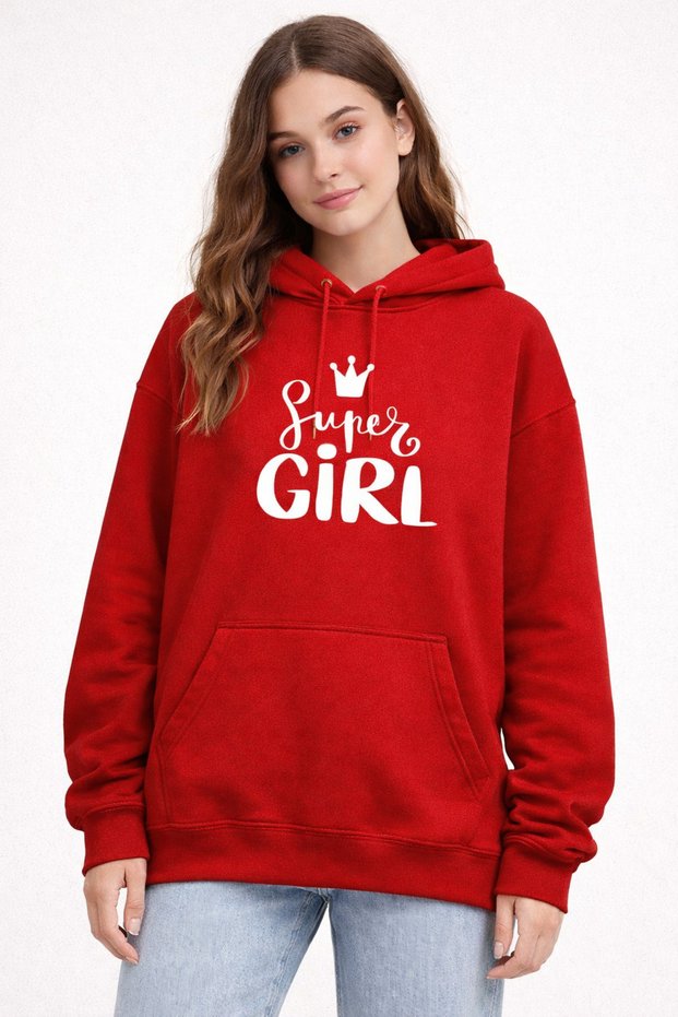 Unisex 100% Cotton Super Girl Written Printed Hooded Sweatshirt
