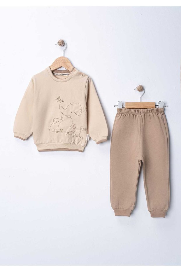Elephant Embroidered 100% Cotton Baby Boy Seasonal Two-Piece Fabric Top and Bottom 2-Piece Set