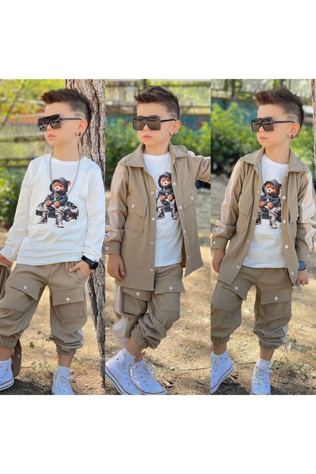 Boy's Corded Fabric Piece Set with Velvet Pocket Detail - Teddy Bear Printed Bodysuit - Holiday Outfit