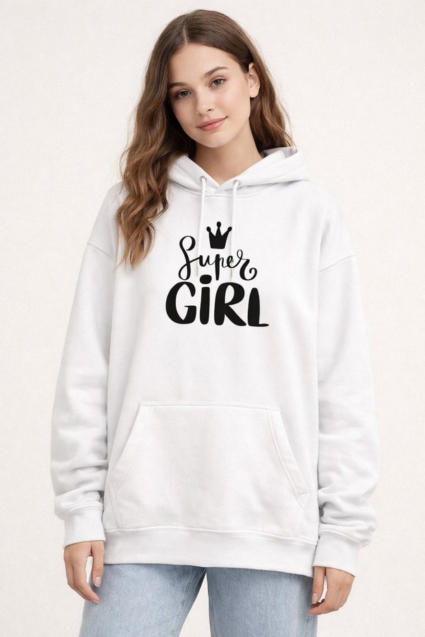 Unisex 100% Cotton Super Girl Written Printed Hooded Sweatshirt