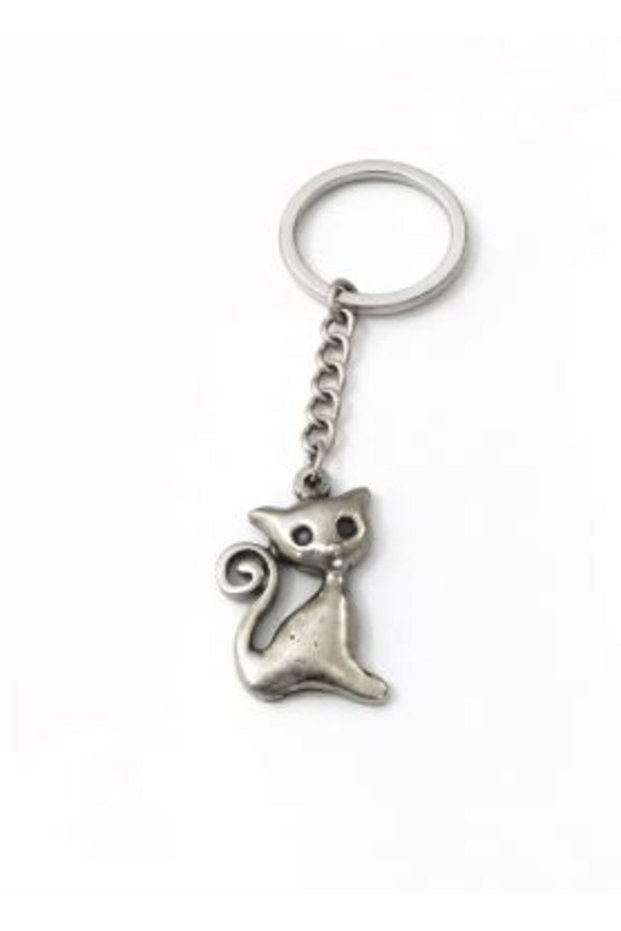 Silver Color Metal Design Unisex Keychain with Cute Cat Figure