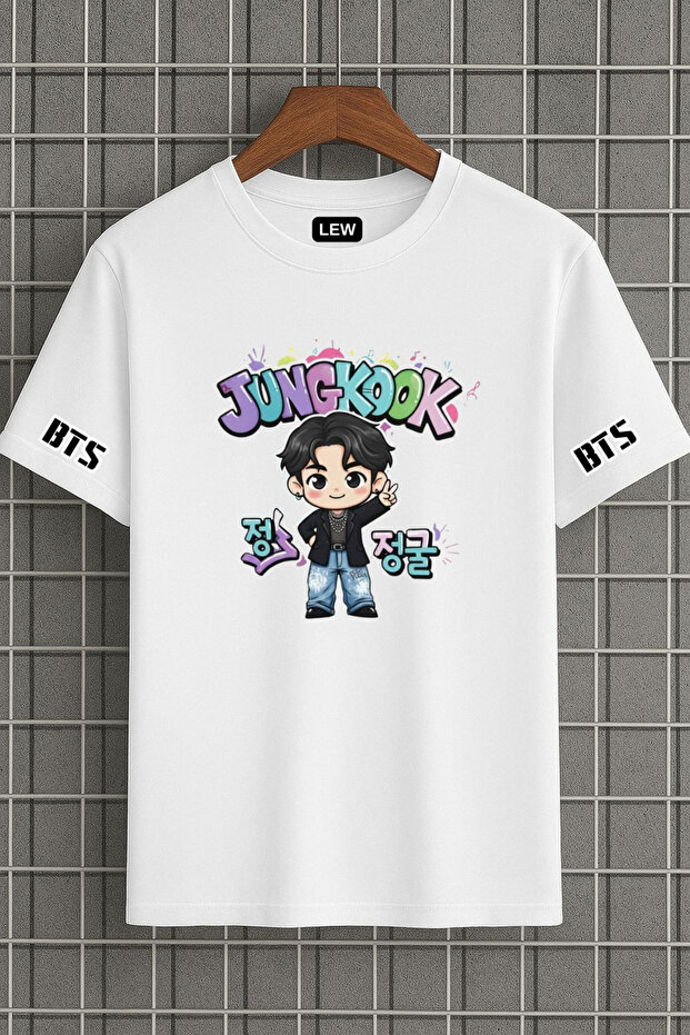 Bts Group Jungkook Anime Designed Premium Printed Cotton Sleeve Detailed T-Shirt