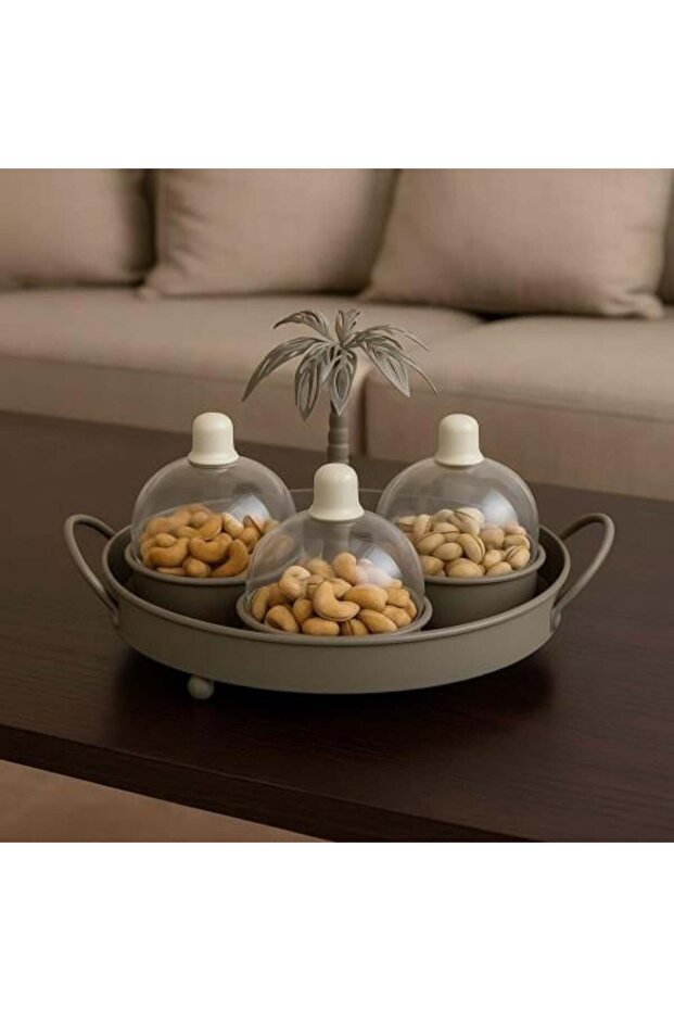 طقم تقديم فاخر بثلاثة أوعية زجاجية وغطاء من خشب النخيل