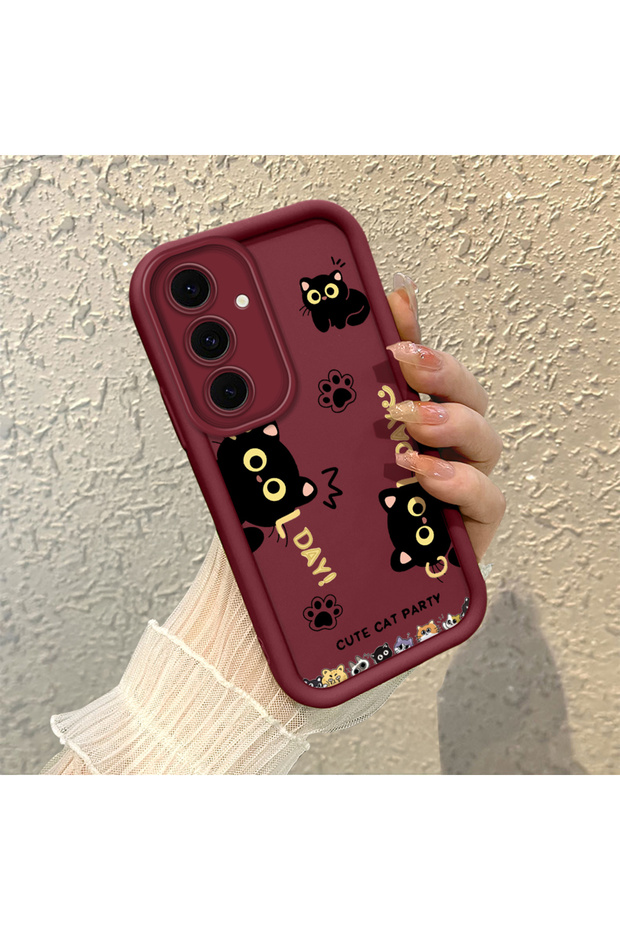 Samsung Galaxy S24 Fe Compatible Silicone Material Shockproof Burgundy Color Case Sweet Cat
