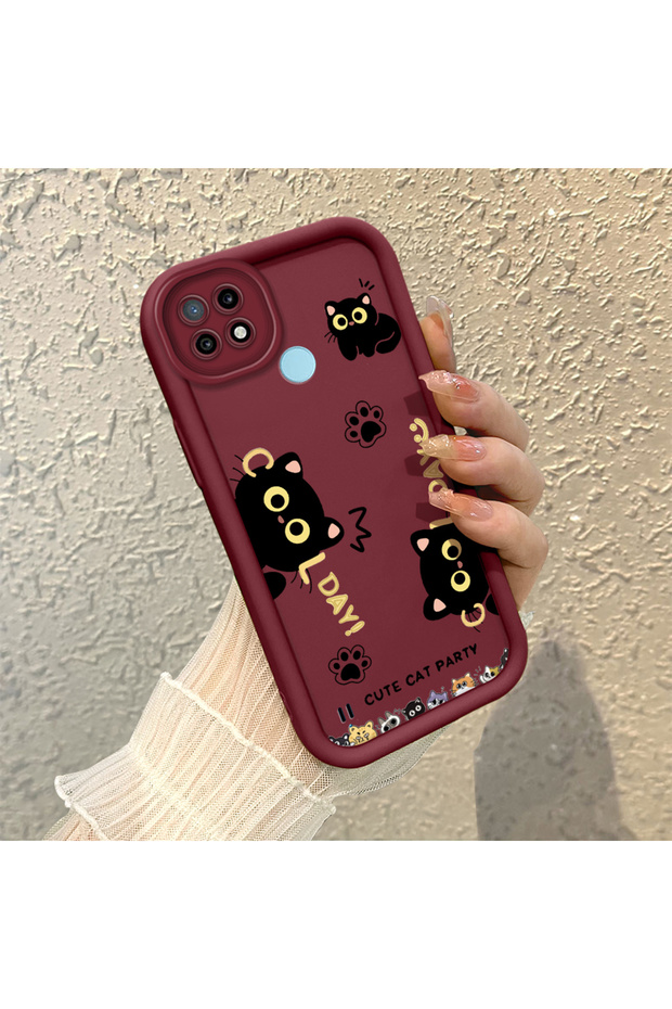 Realme C21 Compatible Silicone Material Shockproof Burgundy Color Case Sweet Cat