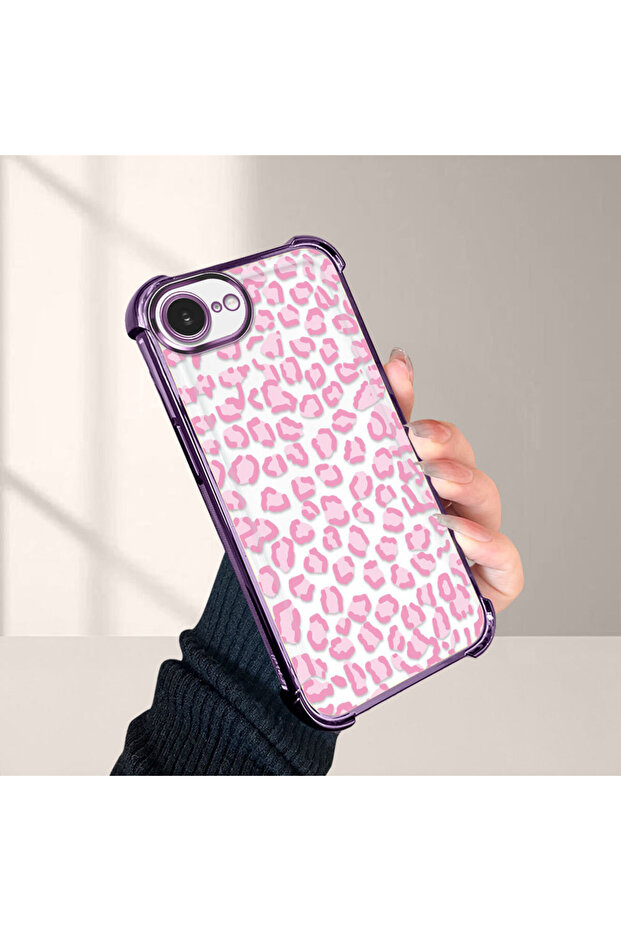 iPhone 16E Compatible Transparent Four-Corner Silicone Coated Glossy Edge Case Leopard Pattern - 4