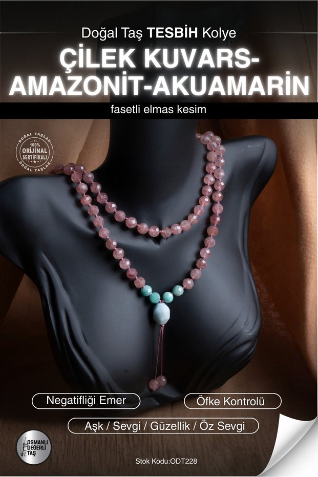 Certified Strawberry Quartz-Amazonite-Aquamarine Natural Stone Rosary Necklace Odt228