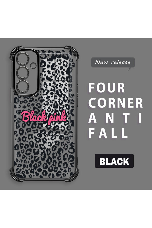 Samsung Galaxy S23 Fe Compatible Transparent Four Corner Silicone Coated Glossy Edge Case Leopard Pattern