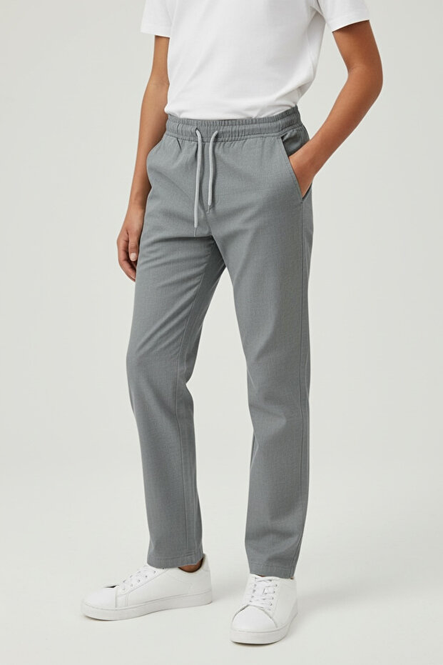 Boy's Gray Linen-Look Cotton Trousers with Elastic Waist