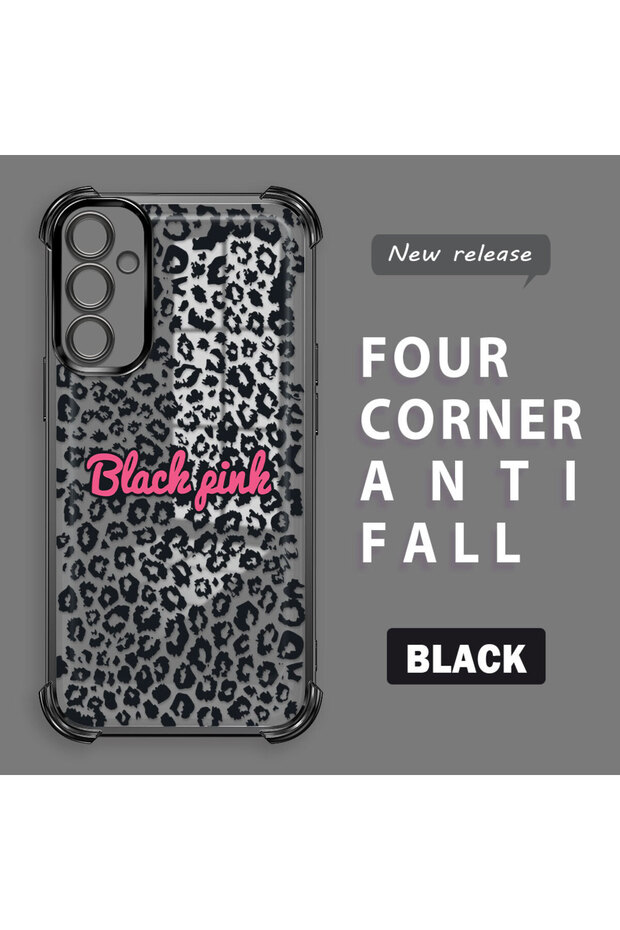 Samsung Galaxy A34 Compatible Transparent Four Corner Silicone Coated Glossy Edge Case Leopard Pattern