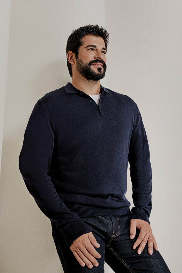 Men's Navy Blue Anti-Pilling Fabric Standard Fit Polo Collar Knitwear