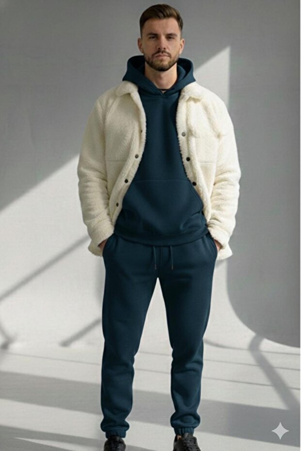 Men's Buttoned Plush Hooded Sweat Tracksuit Set 3-Piece Set