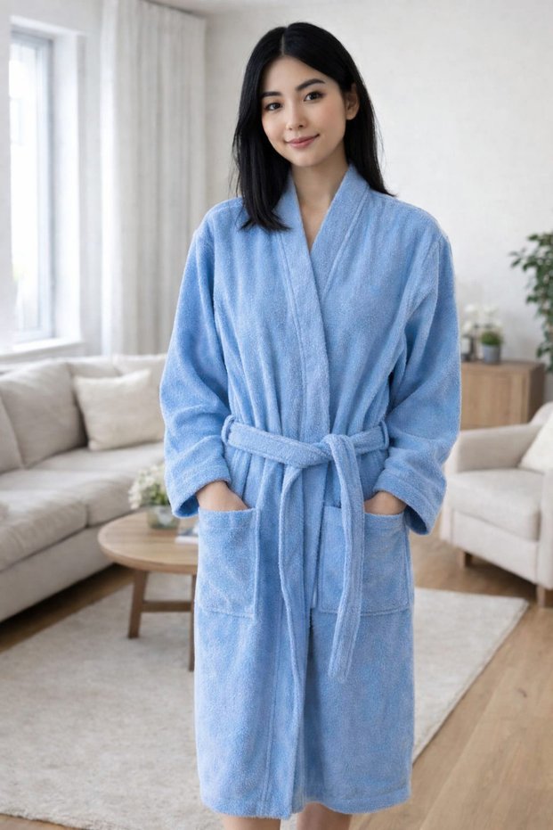 Straight Collar Long Women's Bathrobe | Soft Textured Belted Pajama Robe with Pockets