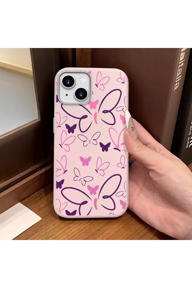 iPhone 13/14 Compatible Pink Leather Textured Silicone Protects Camera Shock-Absorbing Case Butterfly