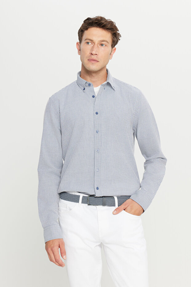 Men's Navy Blue-White 100% Cotton Slim Fit Slim Fit Buttoned Lapel Striped Shirt