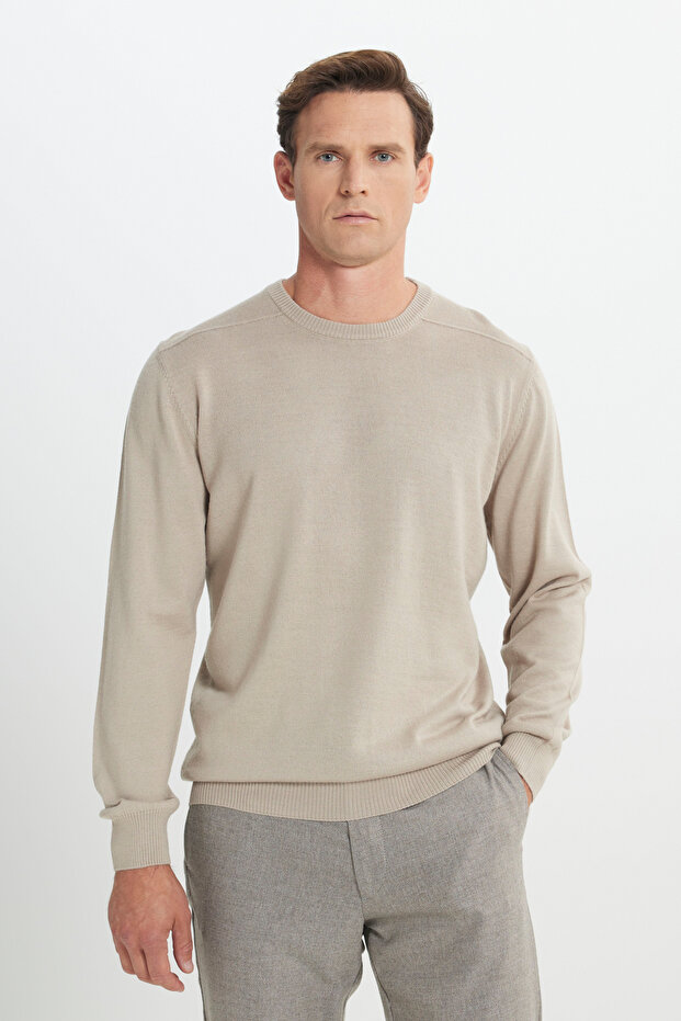 Men's Beige Wool Warm Standard Fit Regular Cut Crew Neck Knitwear Sweater