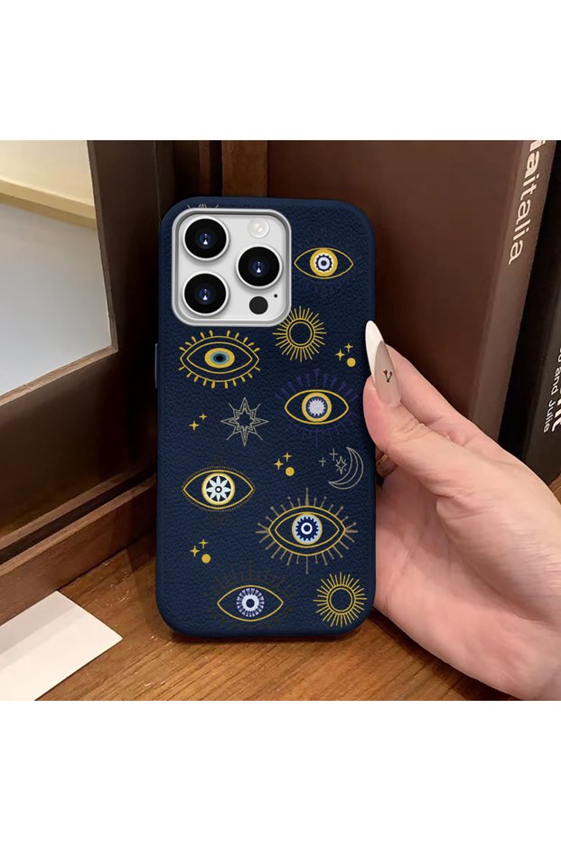 iPhone 15 Pro Max Compatible Blue Leather Textured Silicone Protects Camera Shock-Absorbing Case Evil Eye Bead