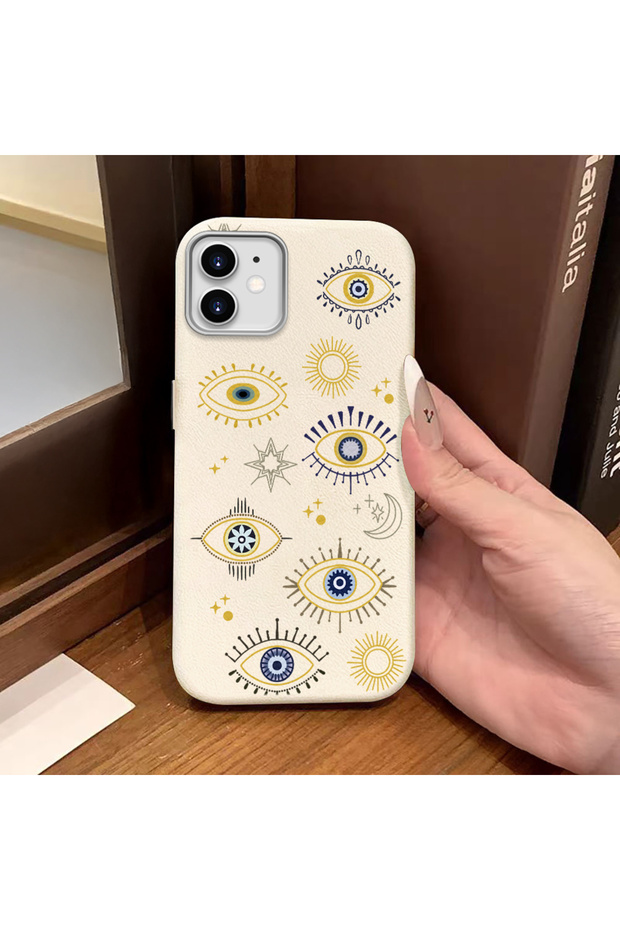 iPhone 12/12 Pro Compatible White Leather Textured Silicone Protects Camera Shock-Absorbing Case Evil Eye Bead