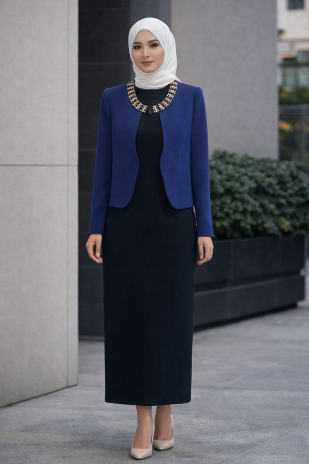 Jacket Dress Set with Stone Embroidery on the Collar