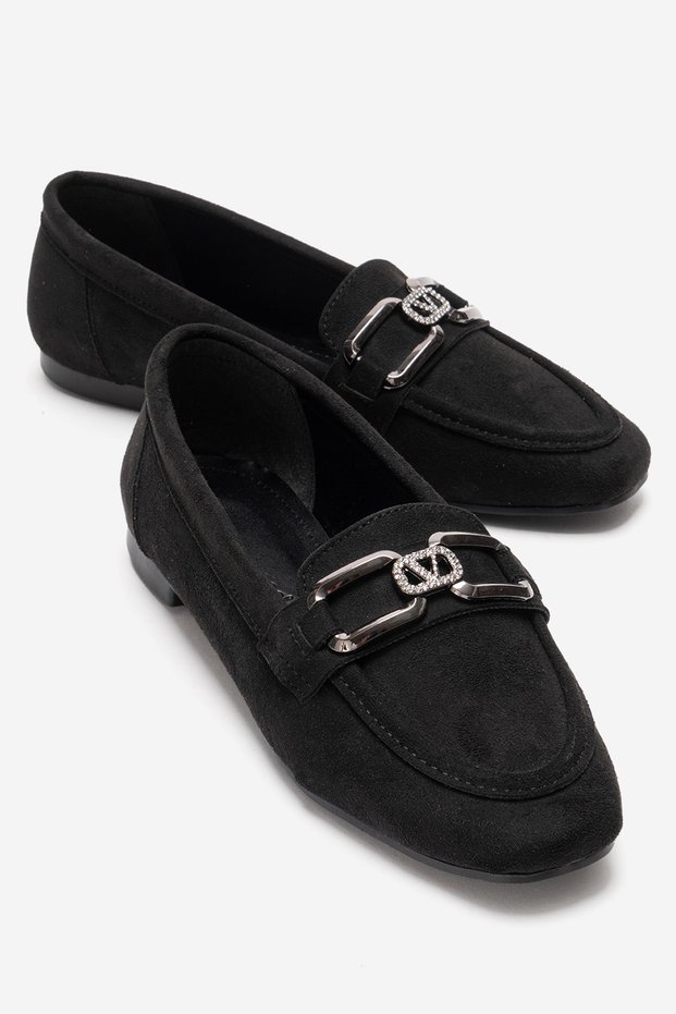 Women's V Stone Buckle Loafer Shoes Black Suede